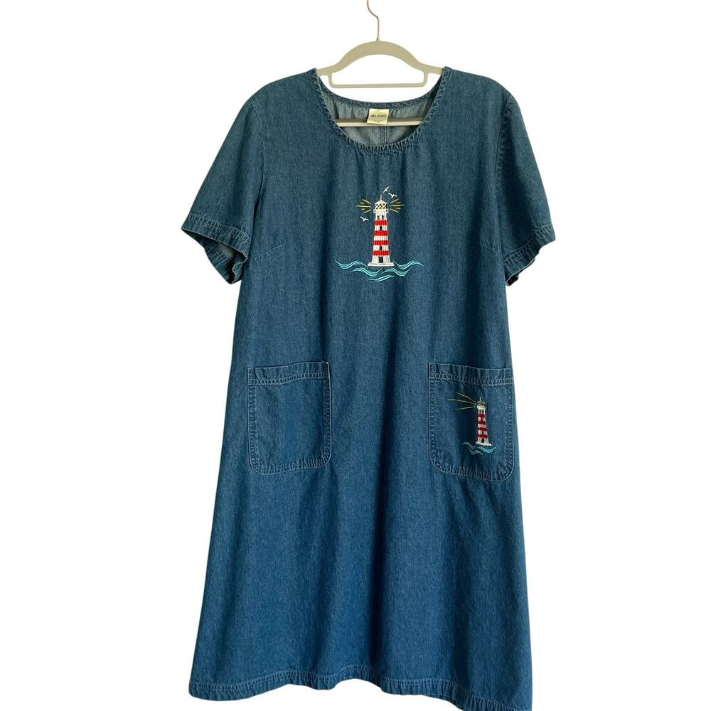 Blair Denim Dress Women Size L Lighthouse Embroidered Vintage Beachy Style Retro - Picture 11 of 16